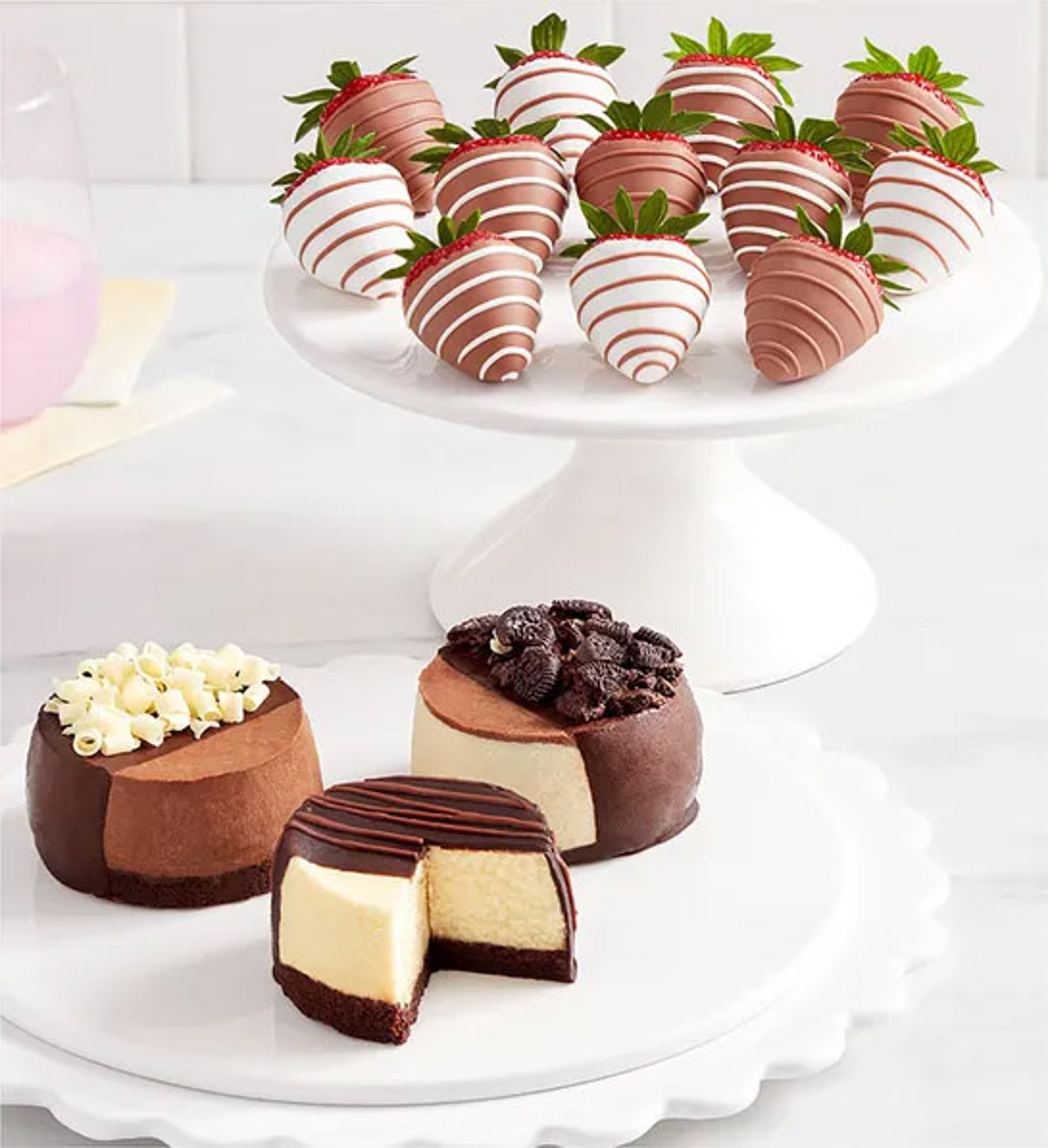 womens day gifts with Cheesecake Trio with Gourmet Drizzled Strawberries