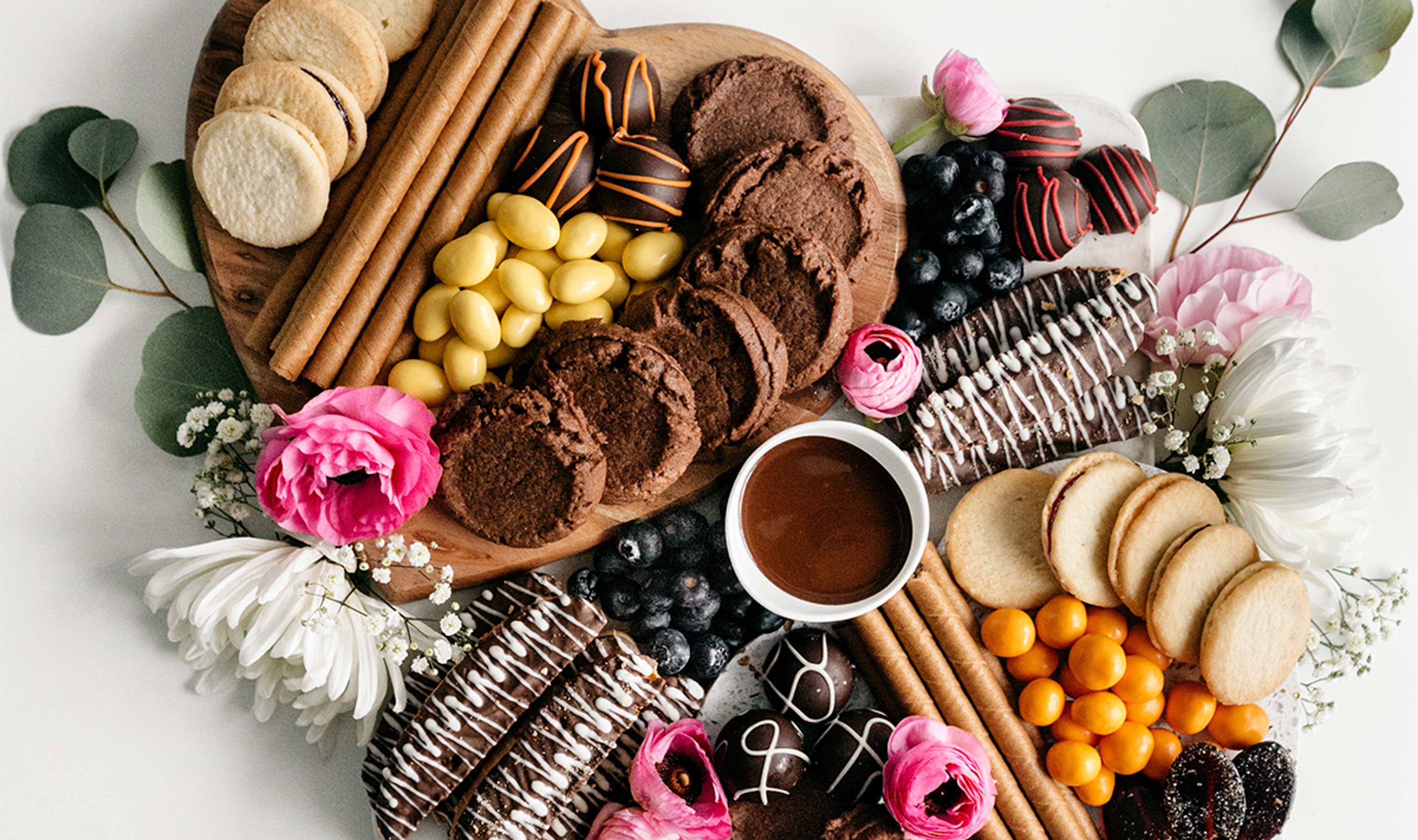 mothers day dessert board with truffle brownie cookies