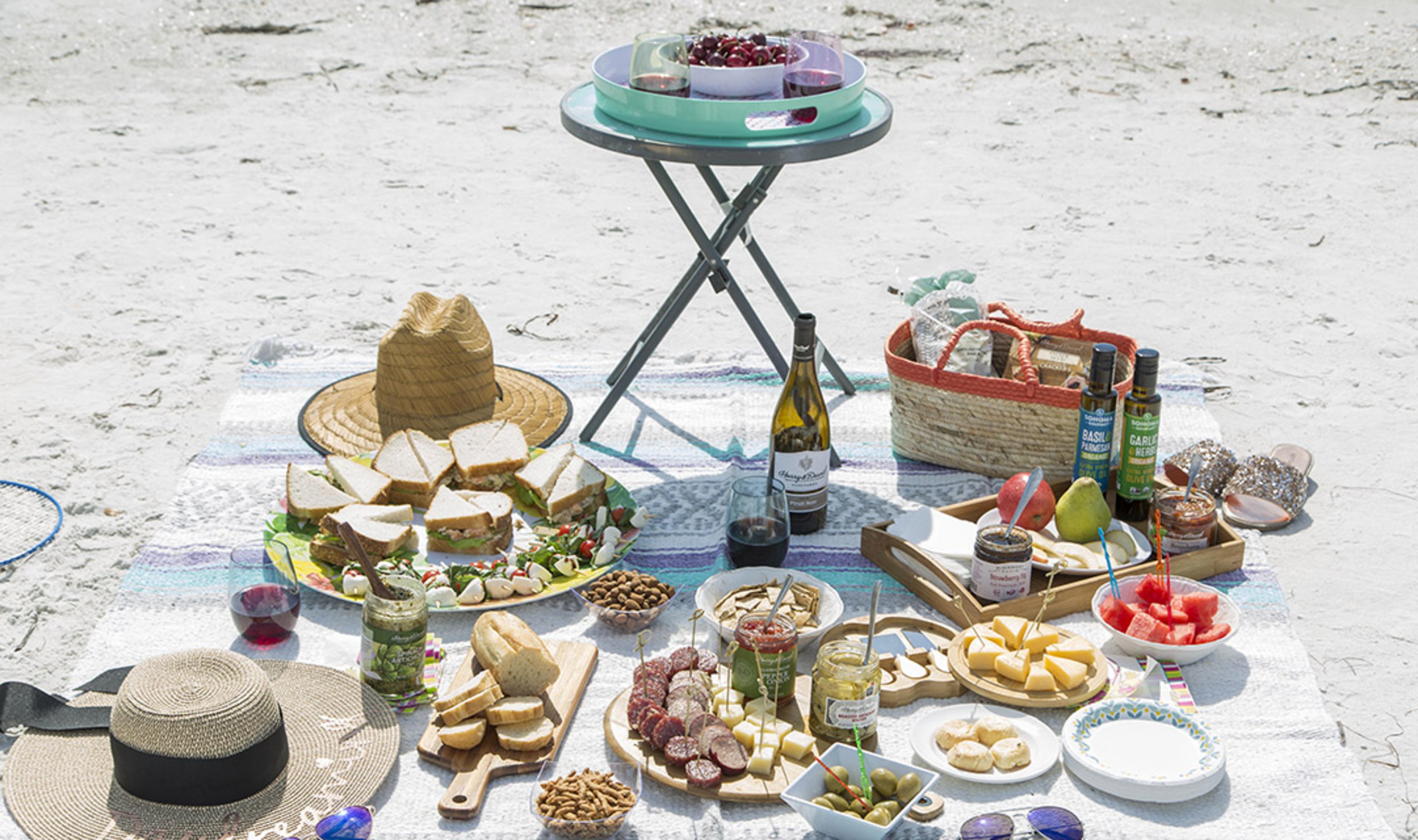 Article Cards Featured Image Picnic on the beach featuring products from Harry & David, sandwiches, fruits, charcuterie boards, wine, relish, crackers