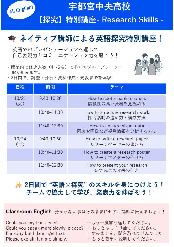 ベルリッツ　令和7年度とちぎグローバルゲートウェイ事業「探究講座」チラシ