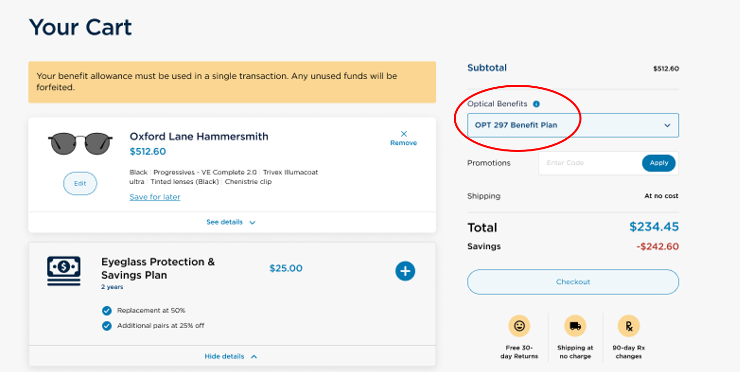 Example of Cart Where Member Can Select Benefit Before Checking Out