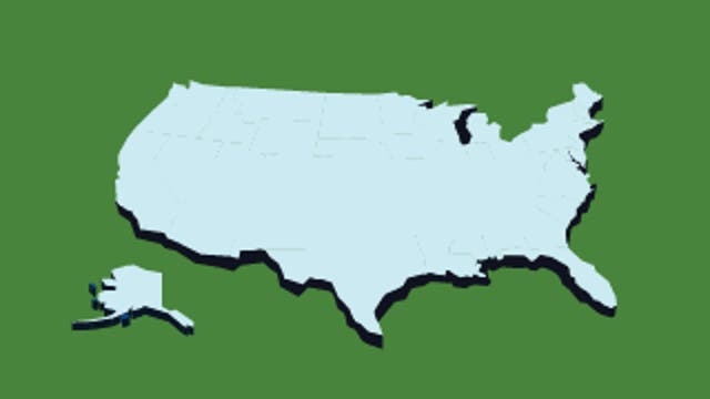 Light blue map of the United States with state outlines on a green background.