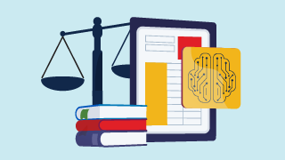 Books, a scale, and a tablet with a brain icon, symbolizing technology and compliance.