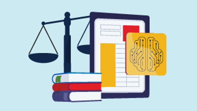 Books, a scale, and a tablet with a brain icon, symbolizing technology and compliance.