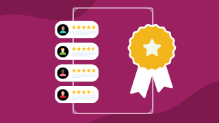 Certificate with a gold ribbon and a list of profiles with star ratings, representing trust and certification.