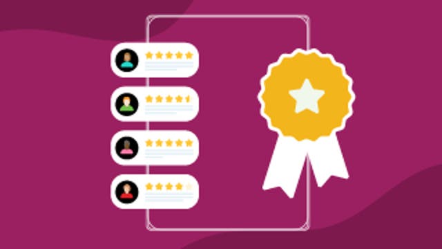 Certificate with a gold ribbon and a list of profiles with star ratings, representing trust and certification.