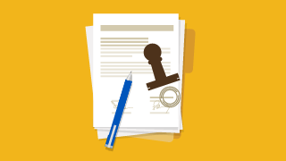 Stack of documents with a blue pen and a round stamp on a yellow background, symbolizing legal approval.