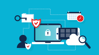 Laptop with a padlock icon surrounded by security-related icons like a key, shield, and cloud.