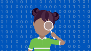 Person holding a magnifying glass in front of binary code background, symbolizing data analysis.