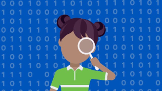 Person holding a magnifying glass in front of binary code background, symbolizing data analysis.
