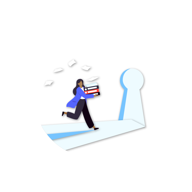 Woman running towards a keyhole