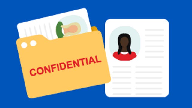 Yellow folder labeled Confidential with documents showing profile pictures and text.