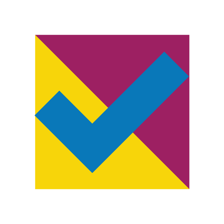 Blue check mark over a yellow and purple background