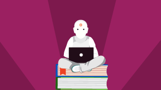 Person sitting cross-legged on books using a laptop, with a spotlight effect behind.