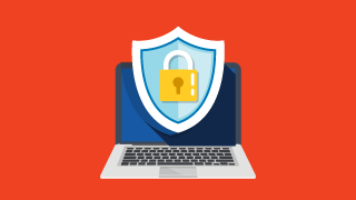 Laptop with a shield and padlock icon in front, symbolizing cybersecurity protection.