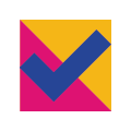 Icon of a blue checkmark in front of a pink and yellow background