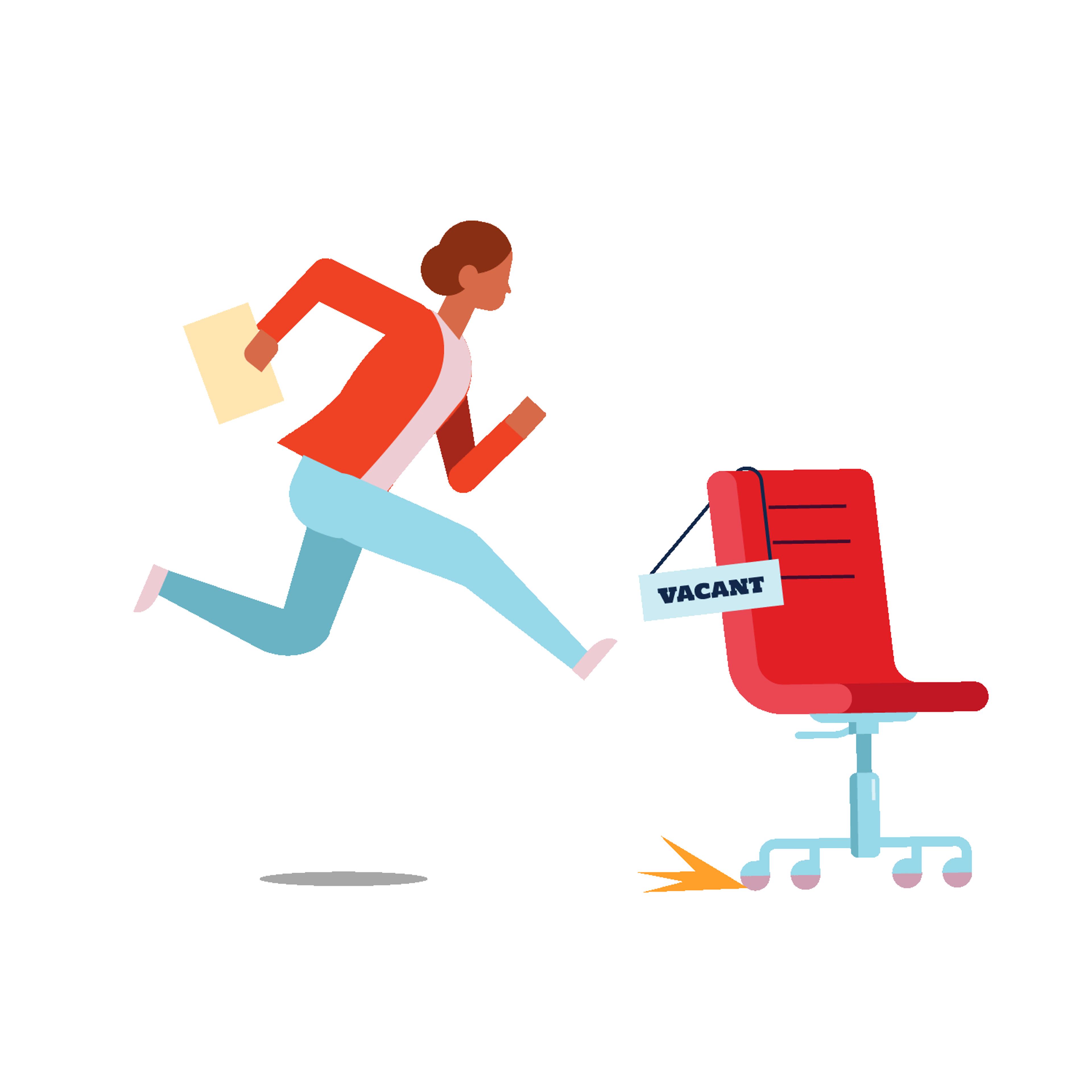 Woman running after a moving chair