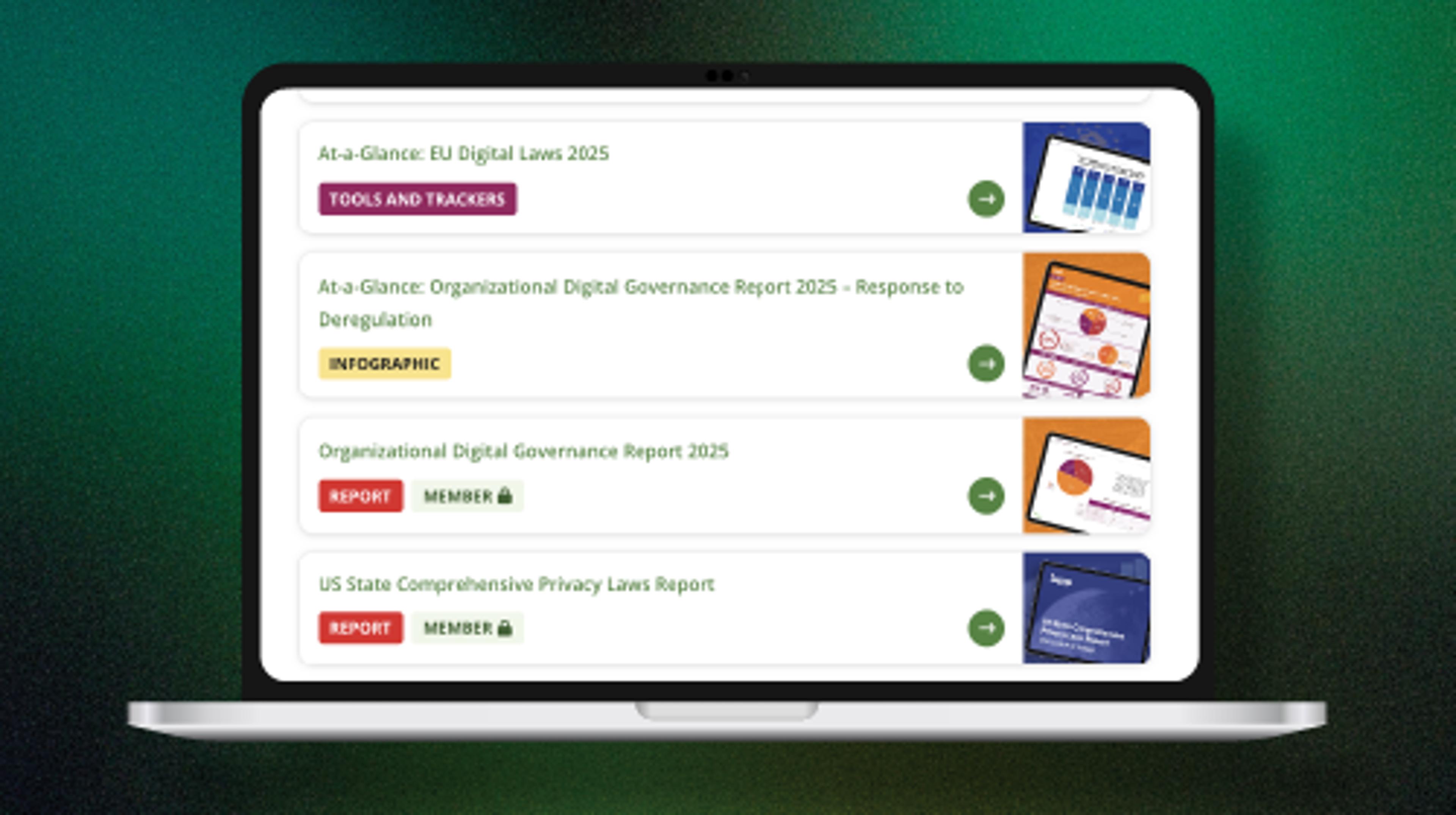 A list of IAPP articles on a device screen