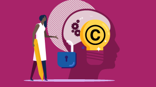 Person holding a pencil next to a head silhouette with gears, a lock, and a copyright symbol inside a lightbulb.