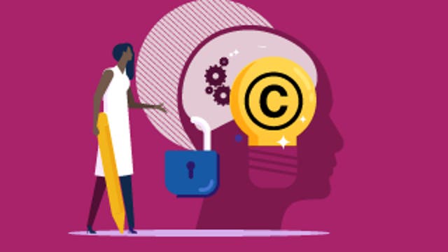 Person holding a pencil next to a head silhouette with gears, a lock, and a copyright symbol inside a lightbulb.