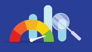 Speedometer gauge and bar chart with a magnifying glass, symbolizing performance measurement.