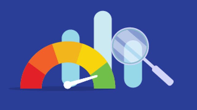 Speedometer gauge and bar chart with a magnifying glass, symbolizing performance measurement.
