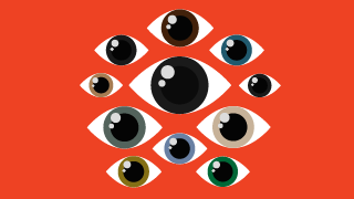 Cluster of stylized eyes of different colors on an orange background, symbolizing observation.