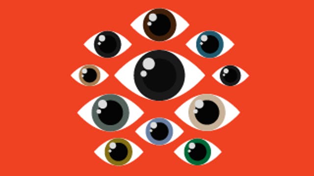Cluster of stylized eyes of different colors on an orange background, symbolizing observation.