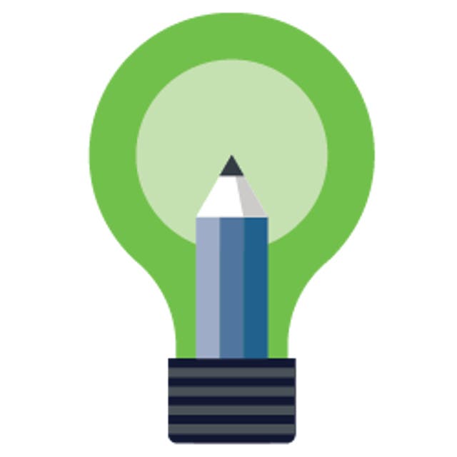 Graphic of a green lightbulb with a pencil inside, symbolizing creative ideas and writing.