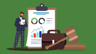 Person with a clipboard standing next to a chart, briefcase, and gavel, symbolizing compliance enforcement.
