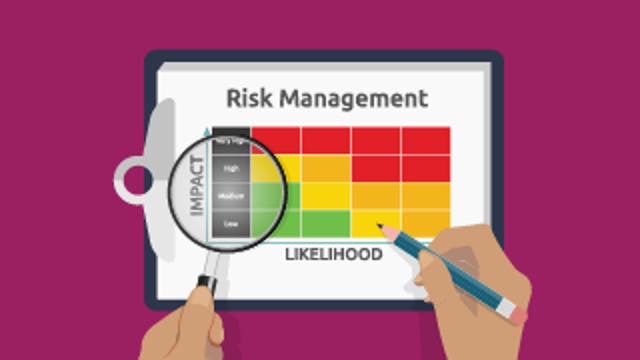 Clipboard showing a color-coded risk matrix labeled ‘Risk Management’ with impact and likelihood axes.