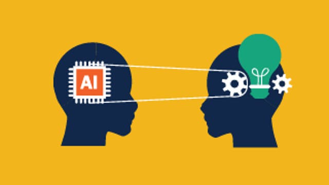 Two head silhouettes connected by lines; one with an AI chip, the other with gears and a lightbulb.