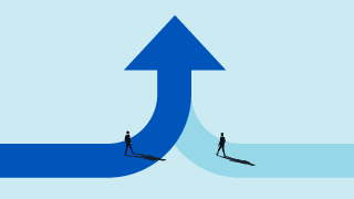 Two curved blue arrows merging into a single upward arrow with two small figures walking along them.