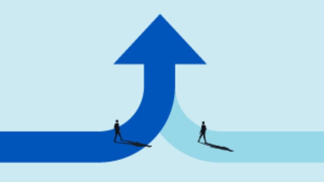 Two curved blue arrows merging into a single upward arrow with two small figures walking along them.