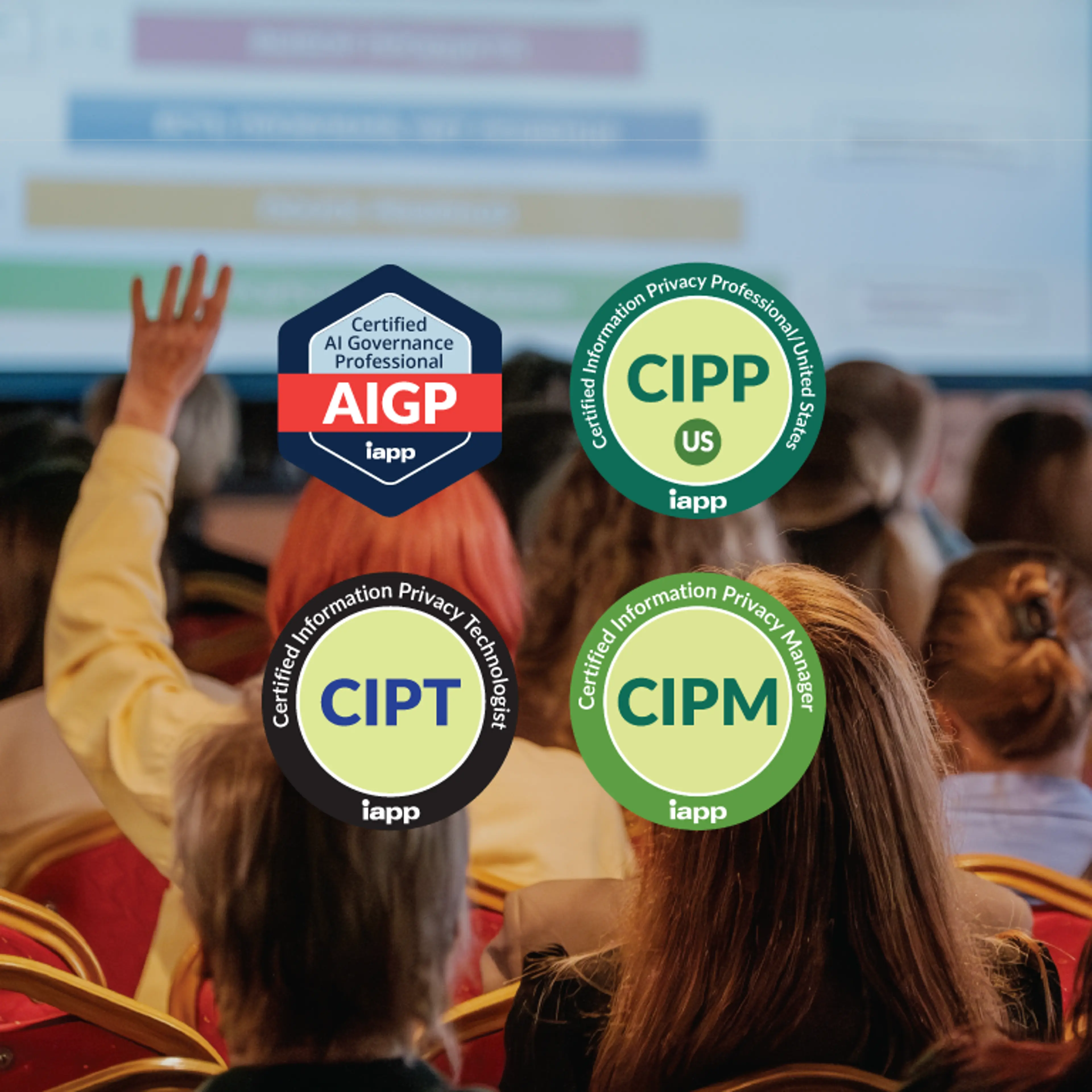 People in an audience with the IAPP cert seals in front of them.