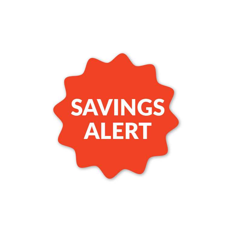 A red badge with the words Savings Alert on it