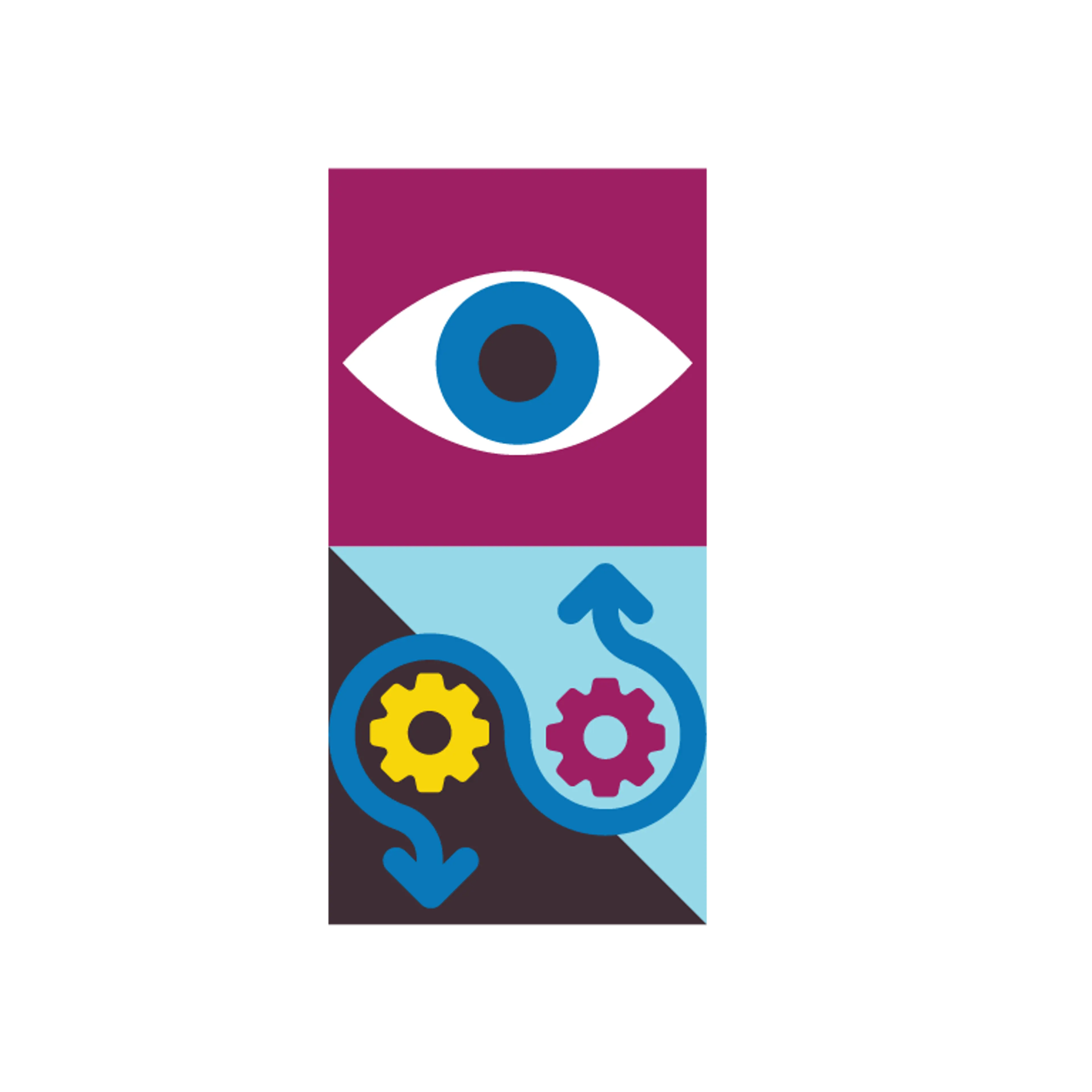 Graphic of an eye over graphic of gears moving
