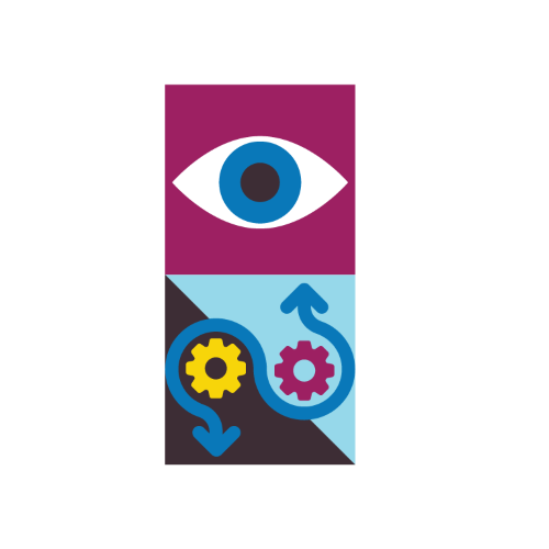 Graphic of an eye over graphic of gears moving