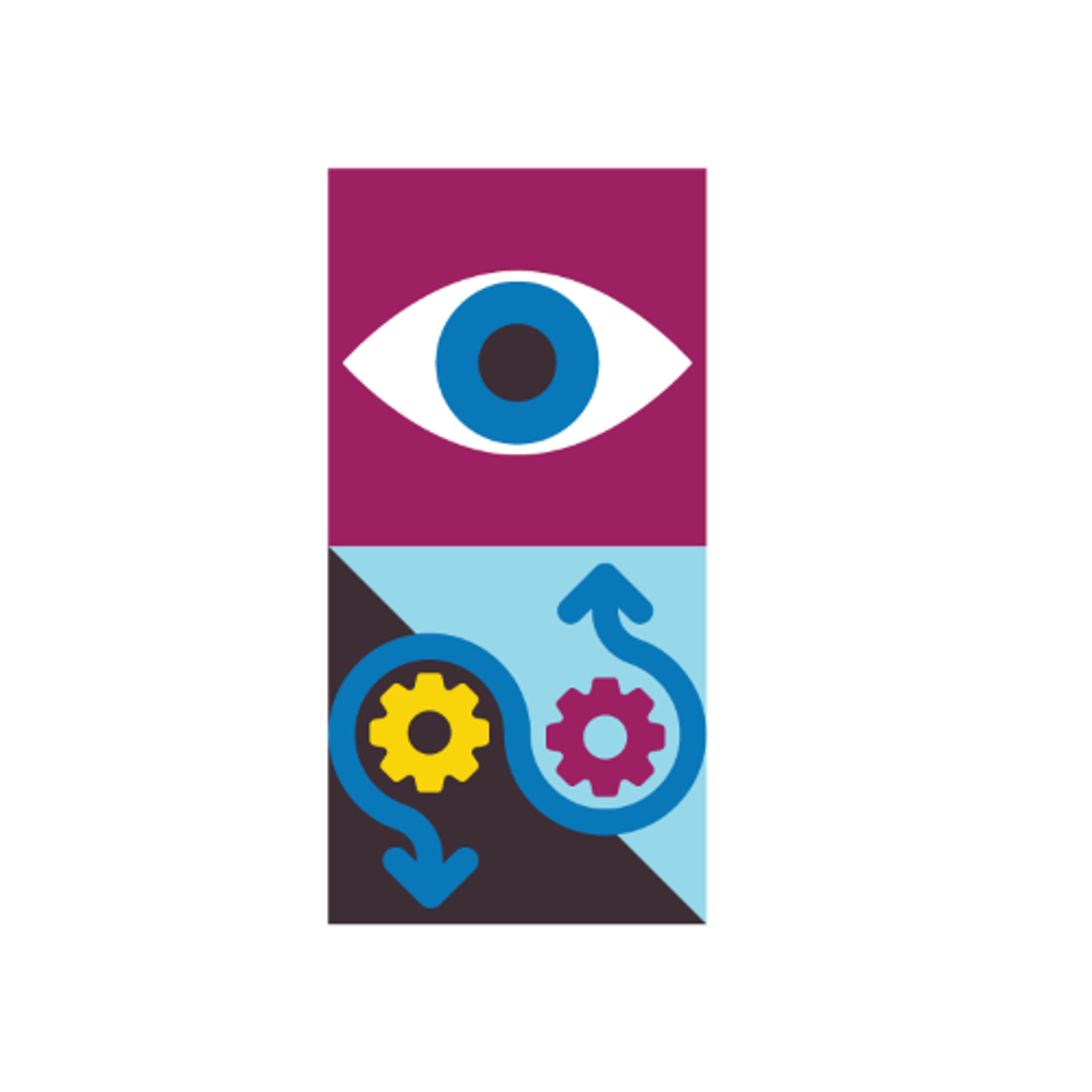 Graphic of an eye over graphic of gears moving