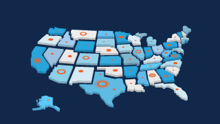 Map of the United States with states shaded in blue and orange circles marking key locations.
