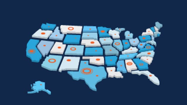 Map of the United States with states shaded in blue and orange circles marking key locations.