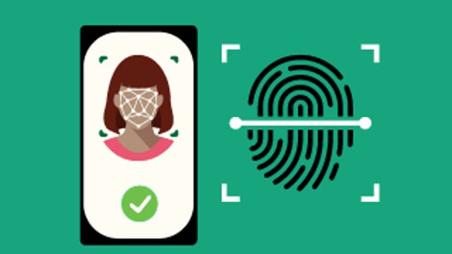 Face scan on a phone next to a fingerprint icon, representing biometric authentication.