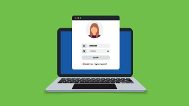 Laptop screen displaying a login form with username and password fields and a profile image.