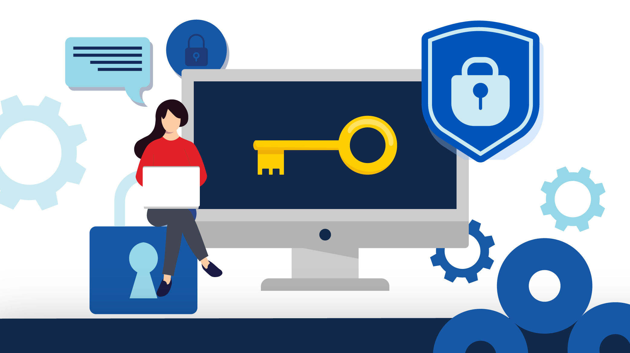 Illustration of a person sitting on a large padlock while using a laptop. Behind them is a computer monitor displaying a yellow key. Surrounding elements include a speech bubble, gear icons, and a shield with a padlock symbol, representing cybersecurity and data protection.