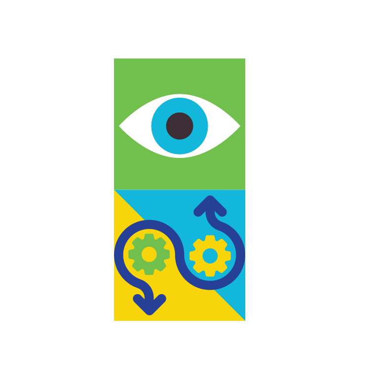 An eye icon above a gears and arrow icon