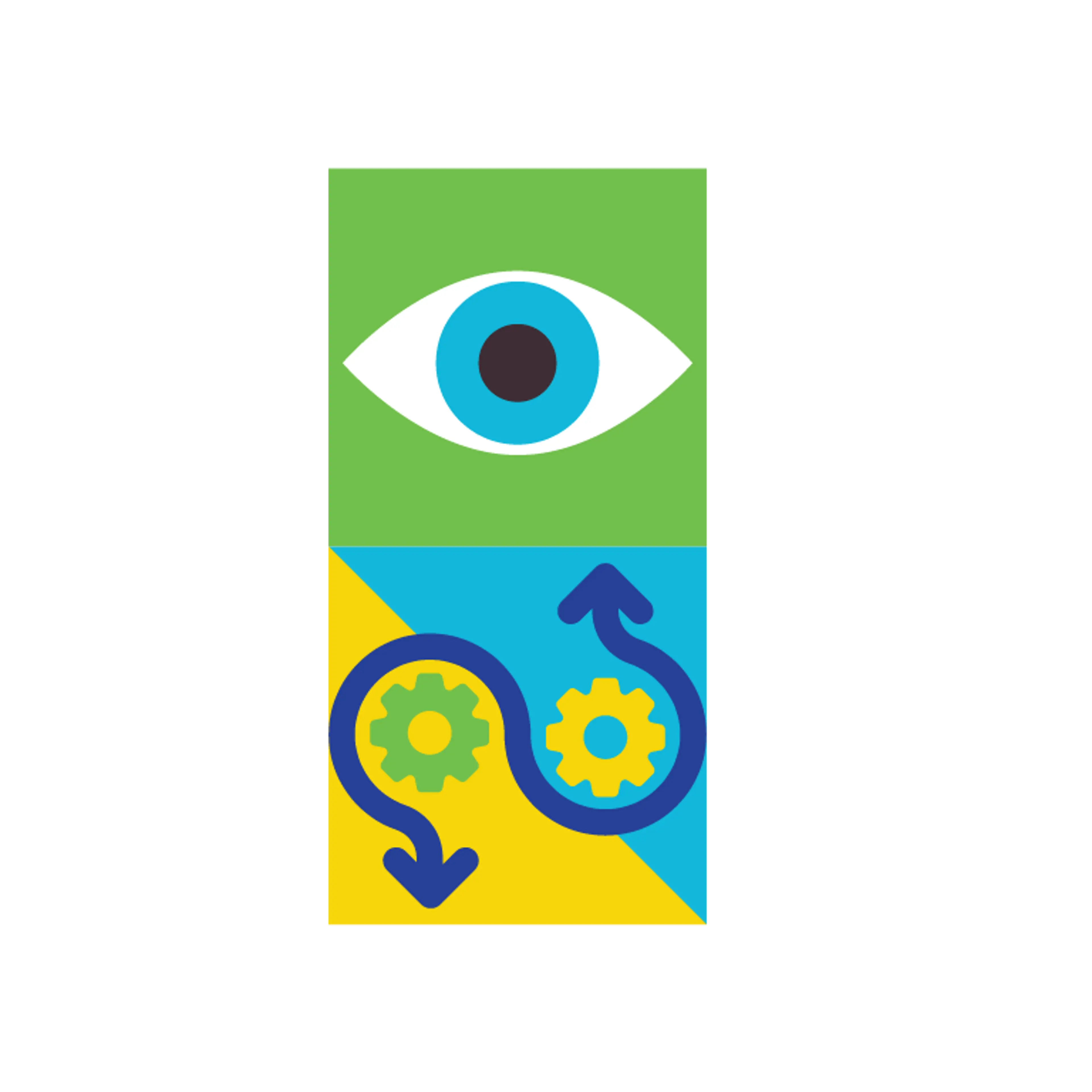 An eye icon above a gears and arrow icon