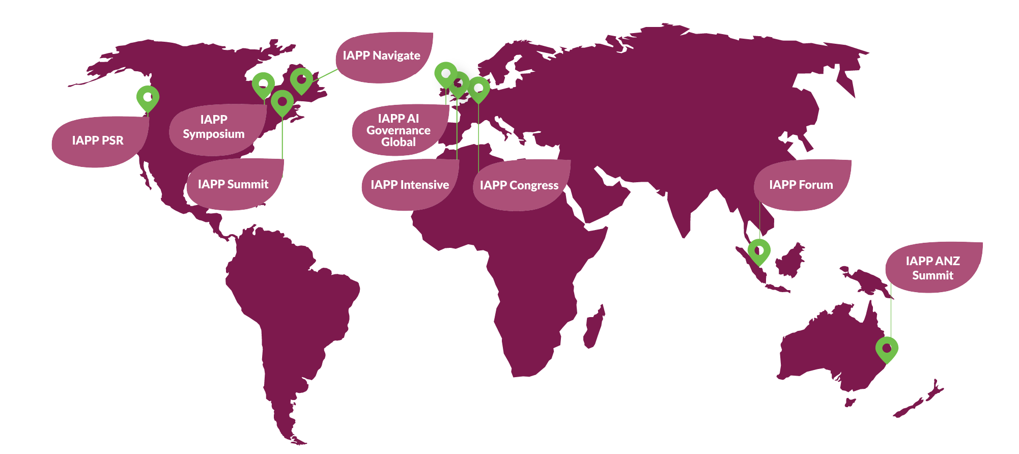 A world map showing the various locations of IAPP conferences