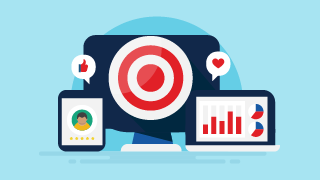 Computer monitor with a target symbol, flanked by a smartphone and tablet showing analytics and social icons.