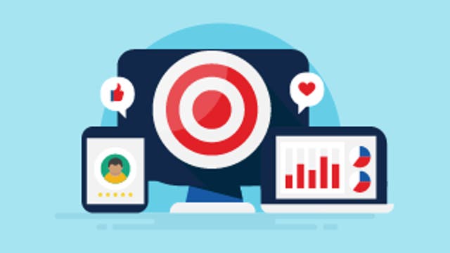 Computer monitor with a target symbol, flanked by a smartphone and tablet showing analytics and social icons.