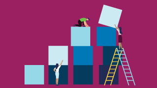 Three people stacking large blue blocks, one using a ladder, symbolizing building a structure.